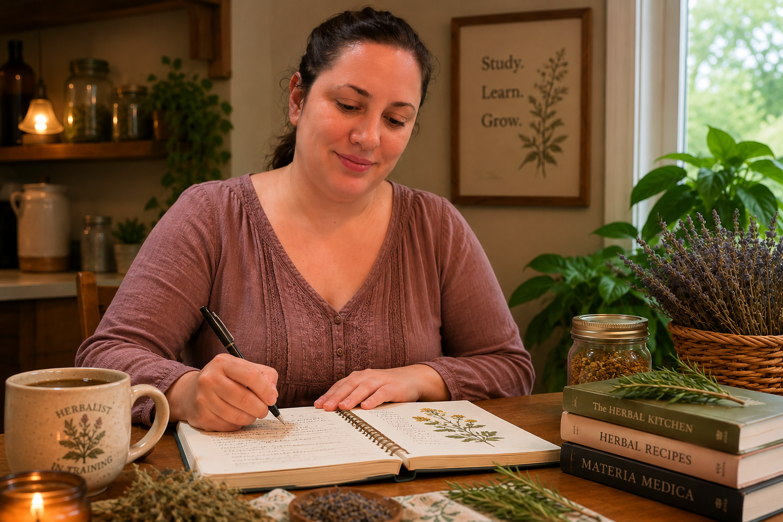 woman studying herbs and writing in herbal journal 