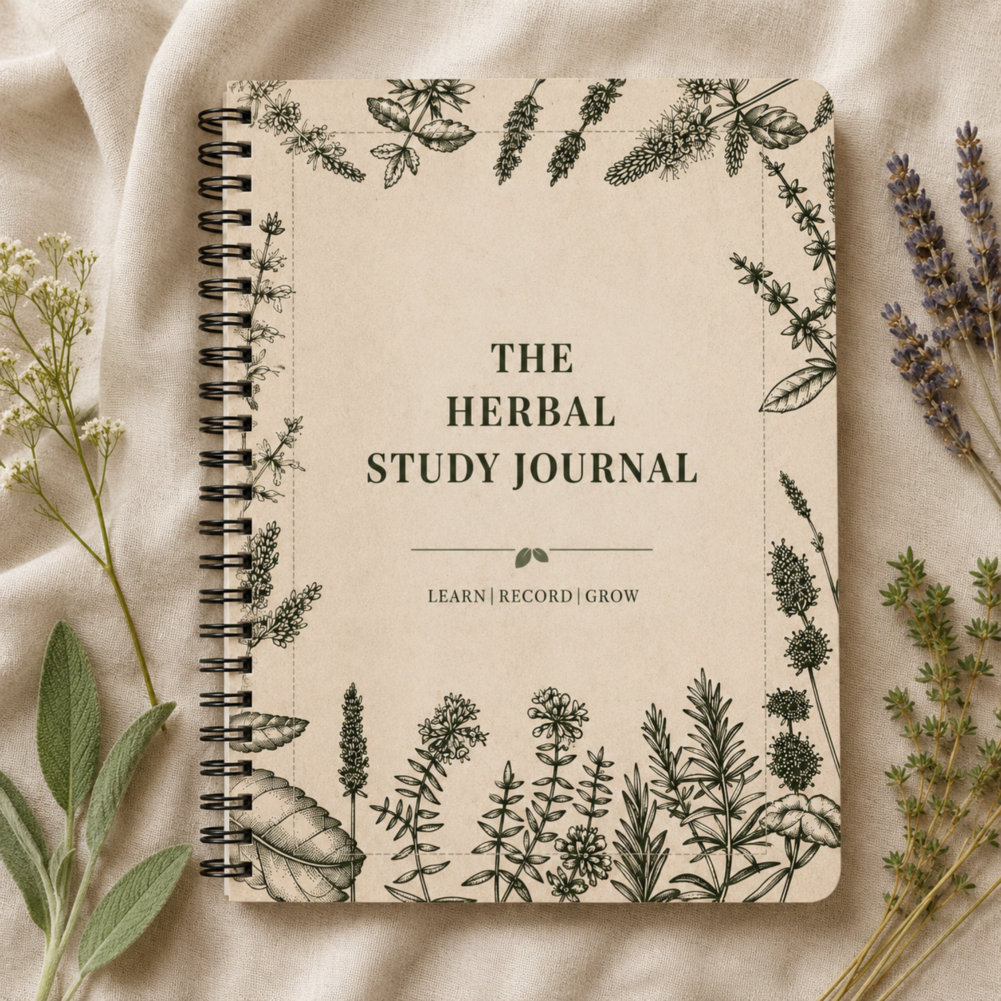 Herbal Study Journal with botanical illustrations on a beige fabric background