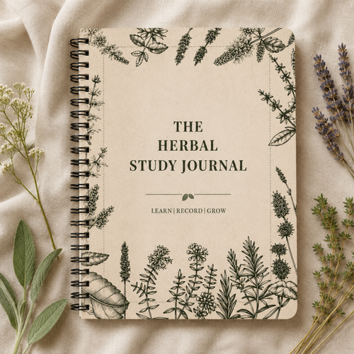 Herbal Study Journal with botanical illustrations on a beige fabric background