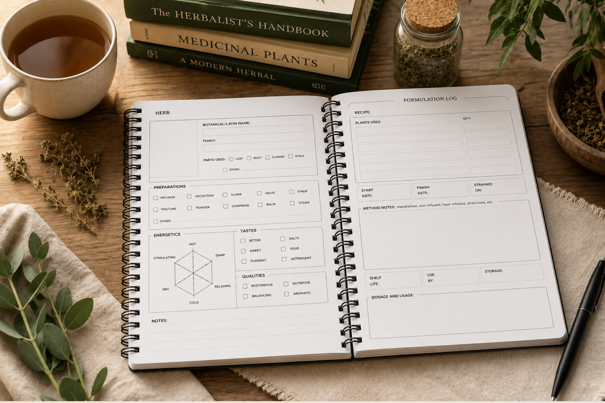 Open notebook on a wooden table with herbs and a cup of tea