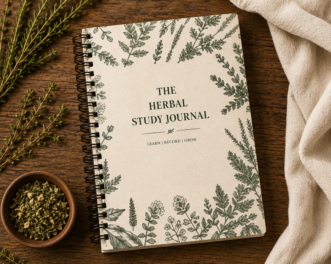 Herbal study journal with botanical design on a wooden surface with herbs and a towel.