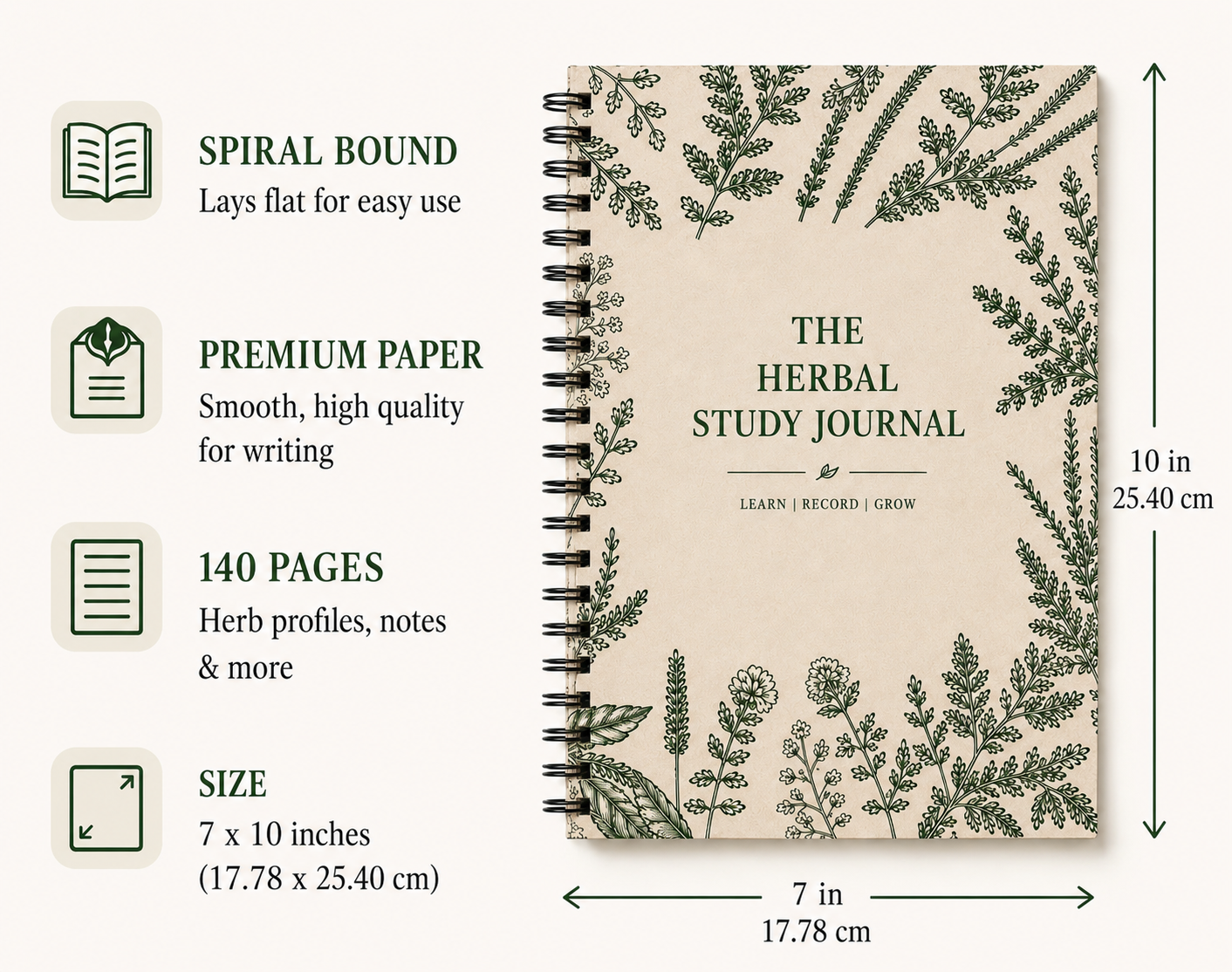 Herbal study journal with botanical illustrations and product details on a beige background