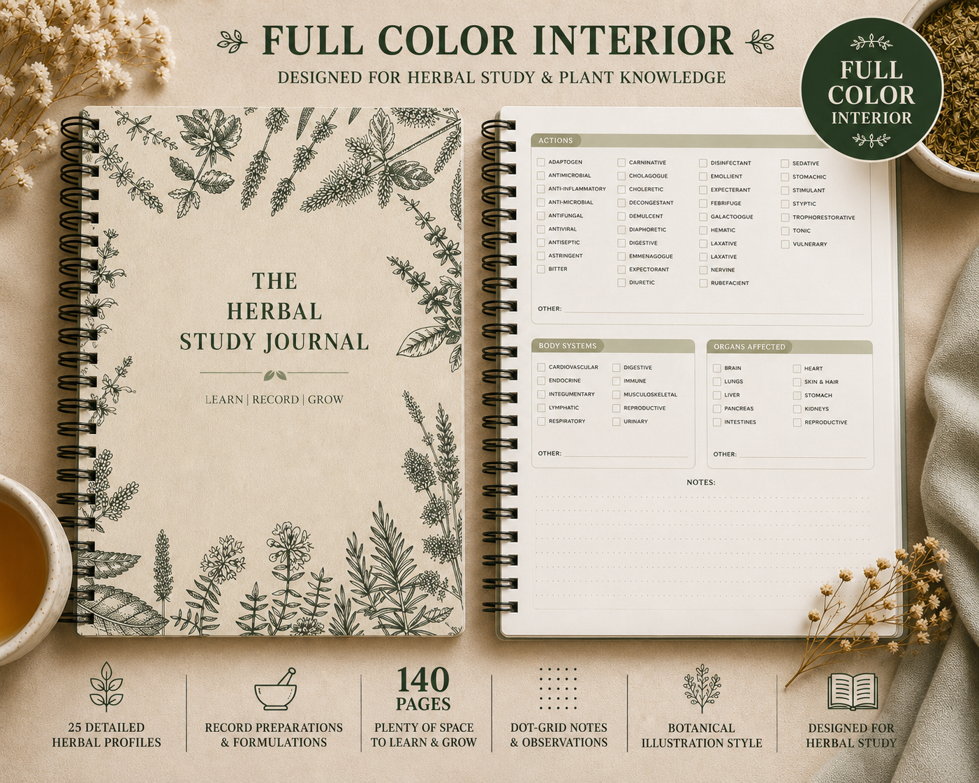 Herbal study journal with botanical illustrations on a neutral background