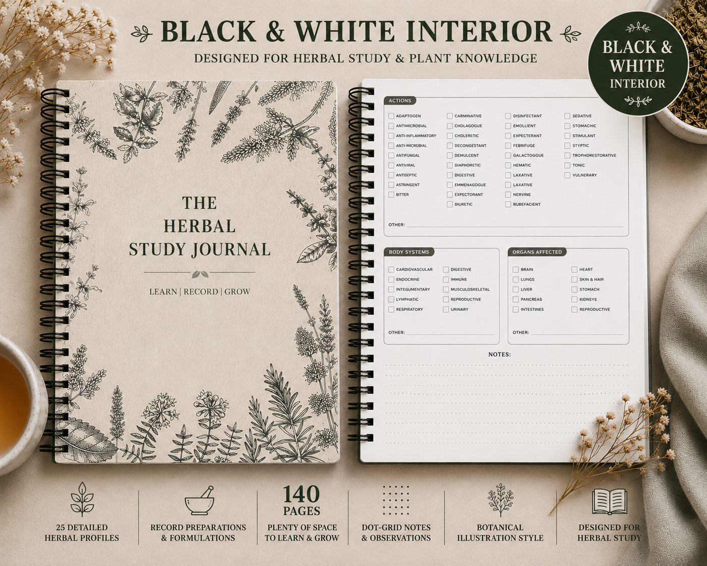 Herbal study journal with botanical illustrations on a neutral background