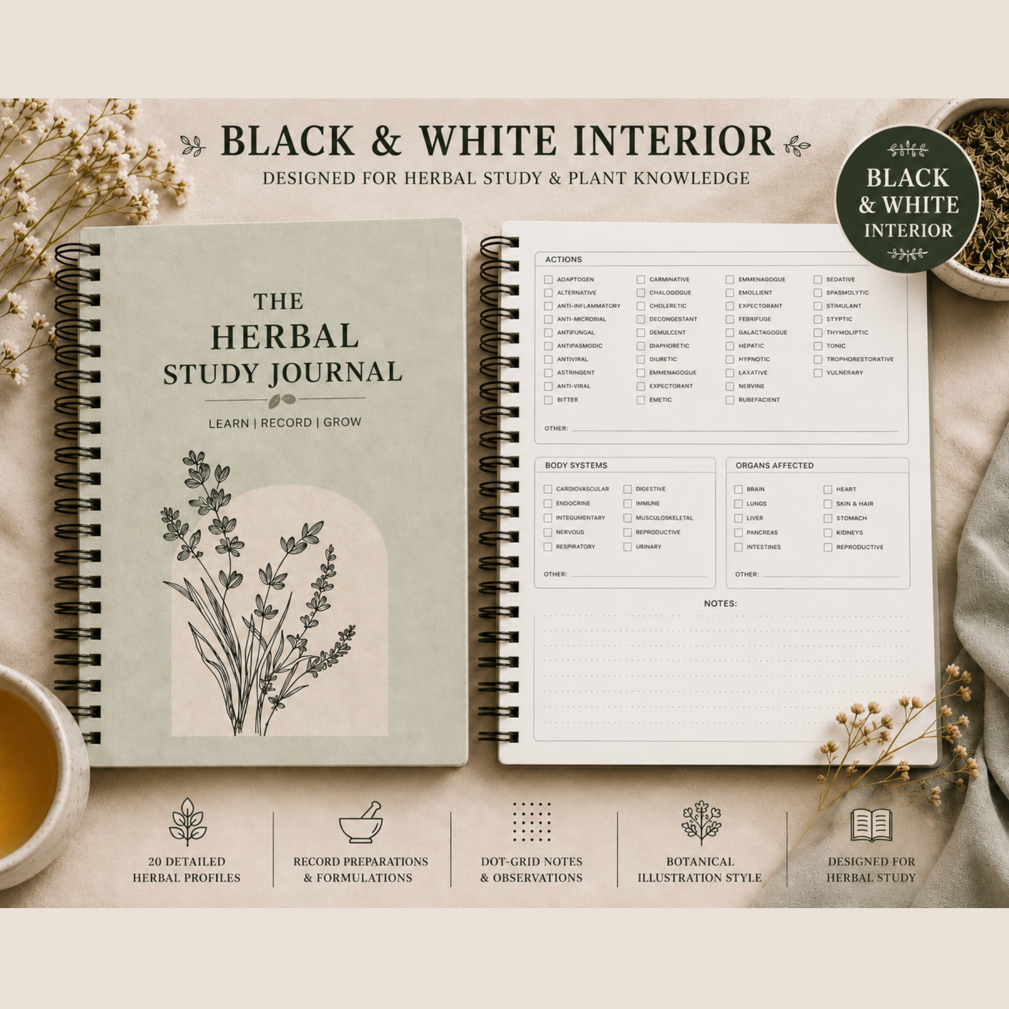 Herbal study journal with botanical illustrations on a neutral background