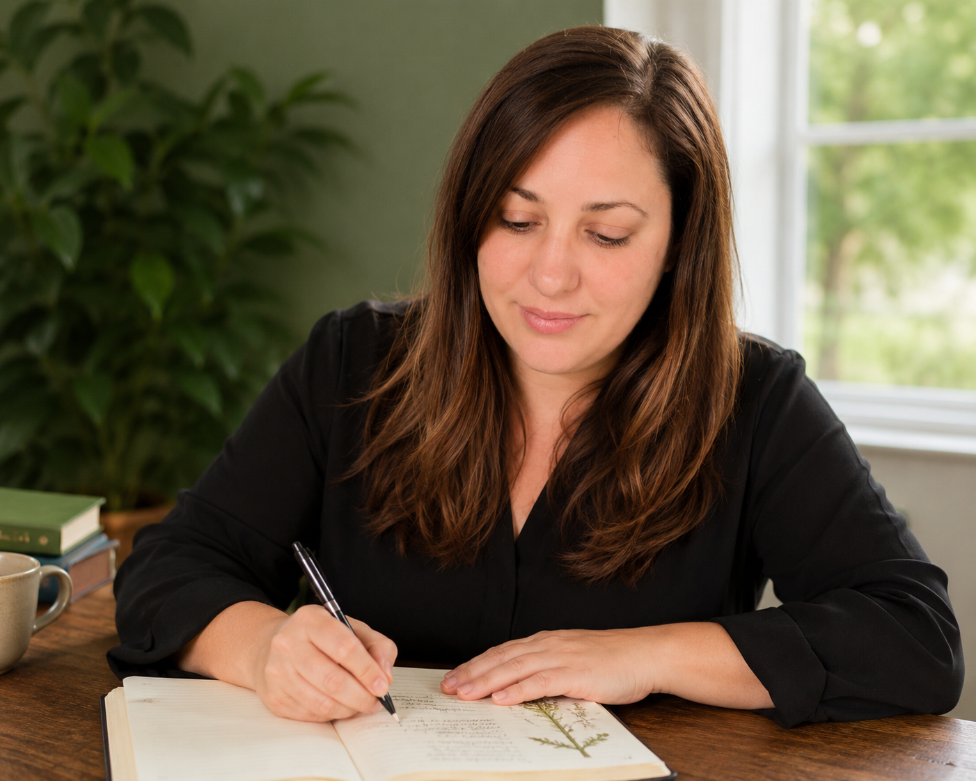Woman writing in a notebook at a desk with a cup and books in the background