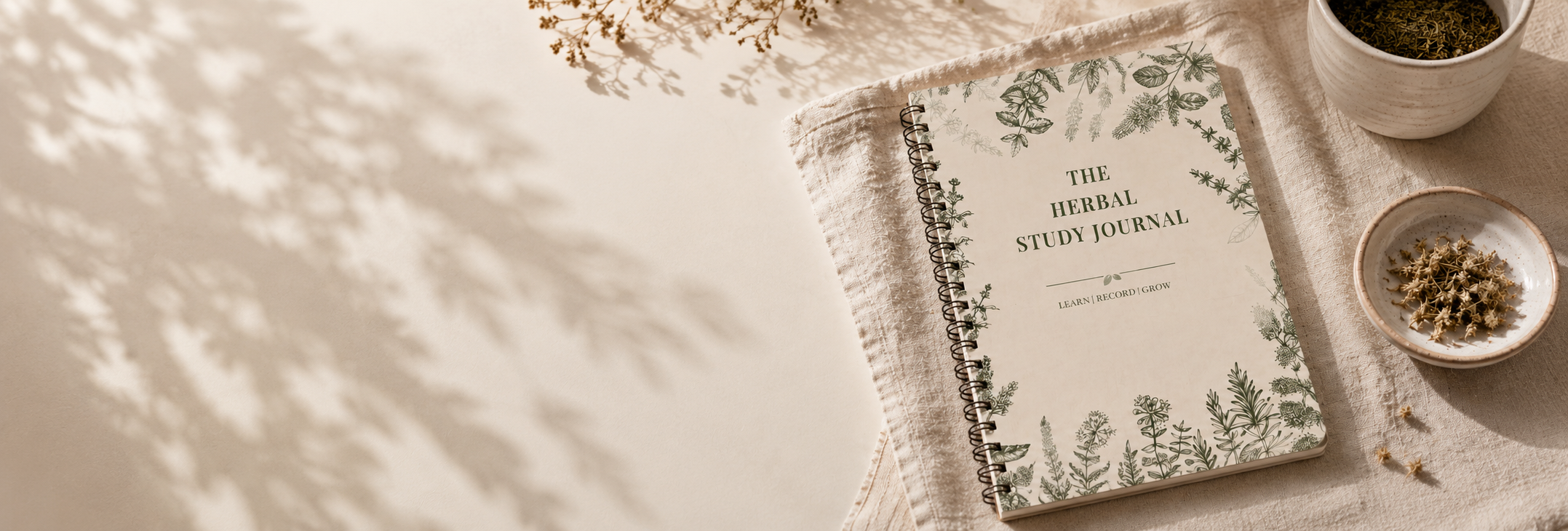 Herbal study journal on a textured surface with plants and a bowl.