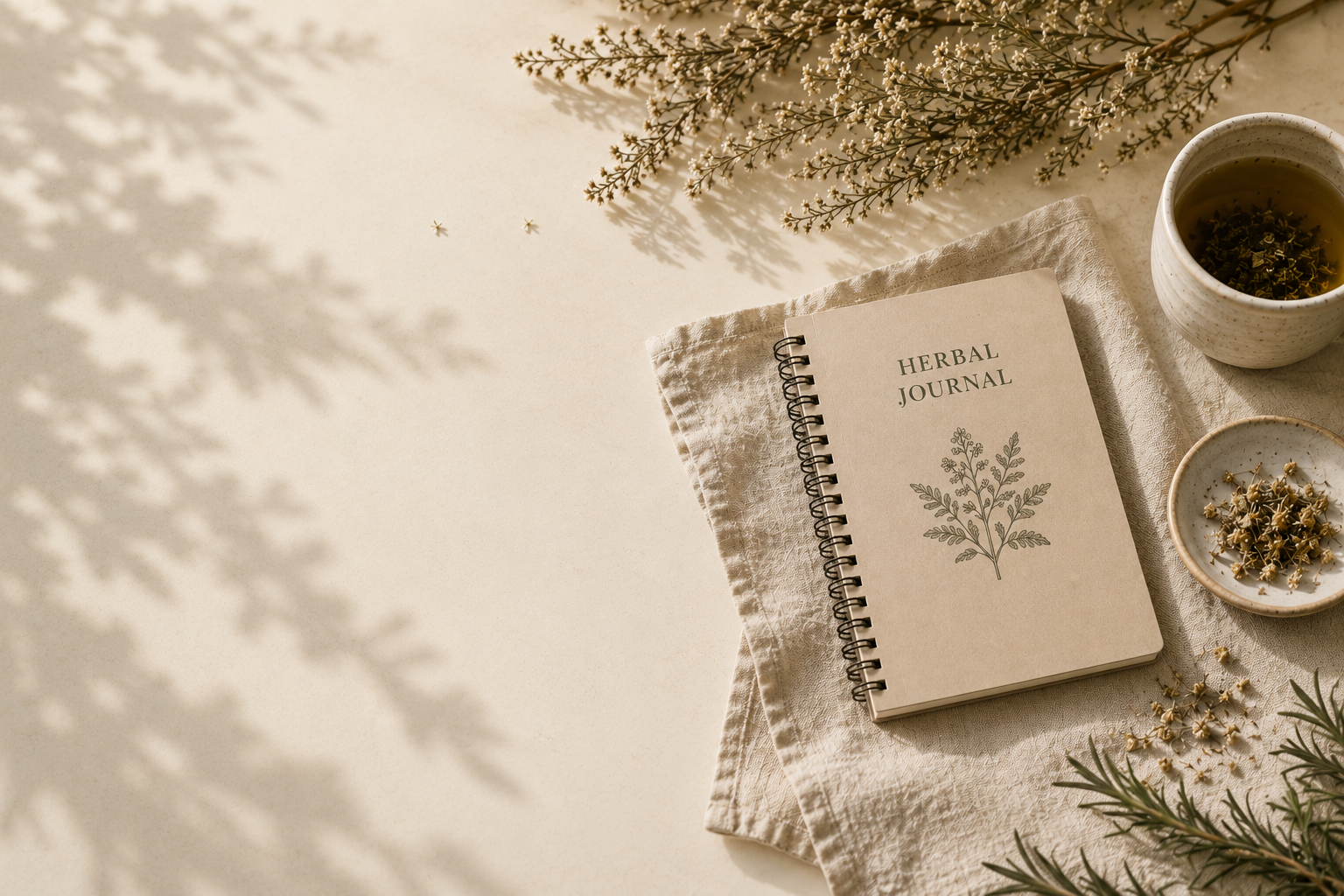 Minimal herbal journal flatlay styled with tea, dried herbs, and soft natural lighting