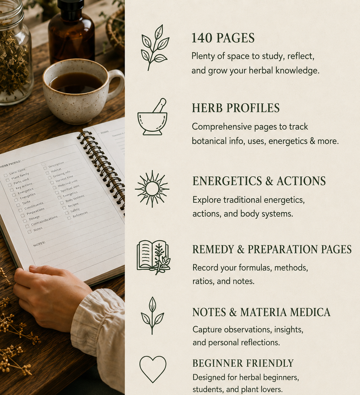 Herbal study journal feature overview with herb profiles, energetics, remedy pages, and beginner friendly layouts
