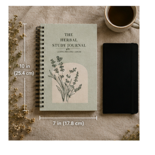Herbal study journal with measurements and a cup of coffee on a textured surface