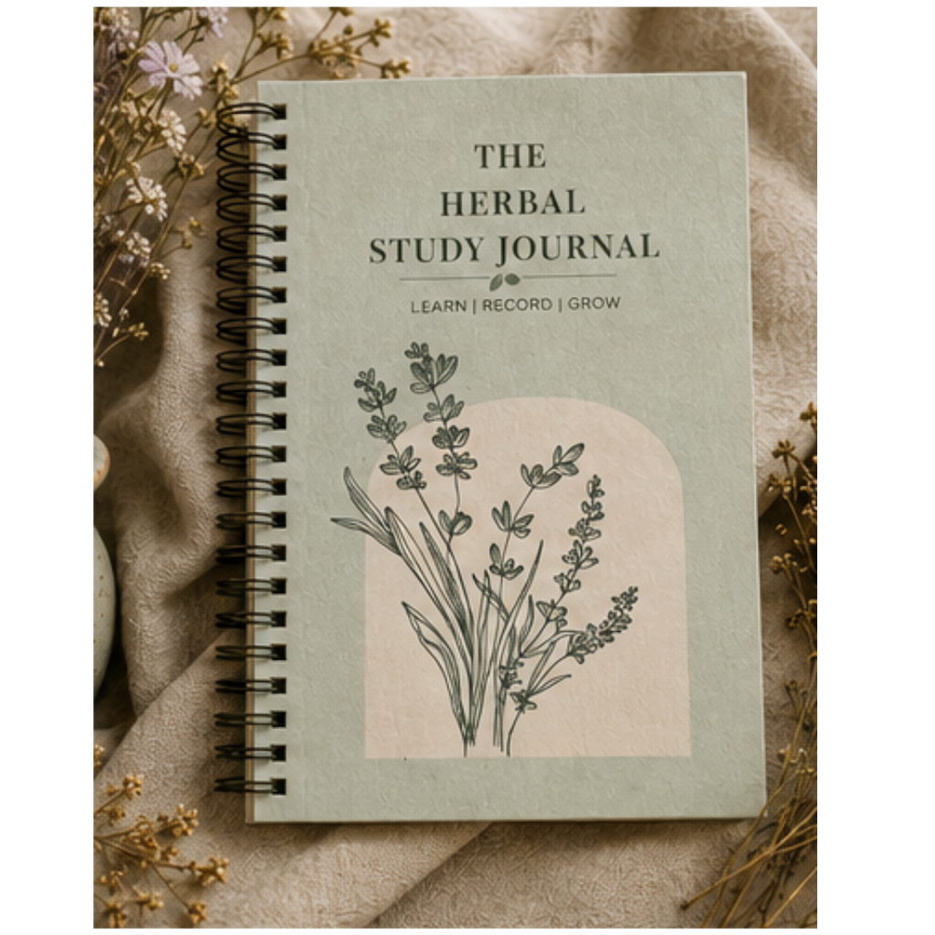 Spiral bound herbal study journal with botanical cover design styled with dried herbs and neutral fabric background