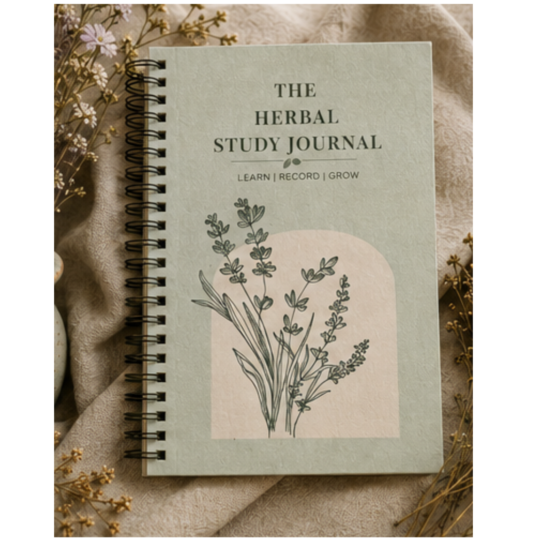 Spiral bound herbal study journal with botanical cover design styled with dried herbs and neutral fabric background