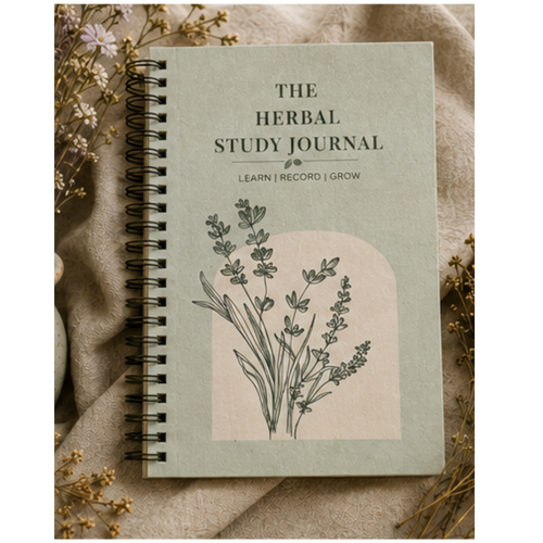 Spiral bound herbal study journal with botanical cover design styled with dried herbs and neutral fabric background
